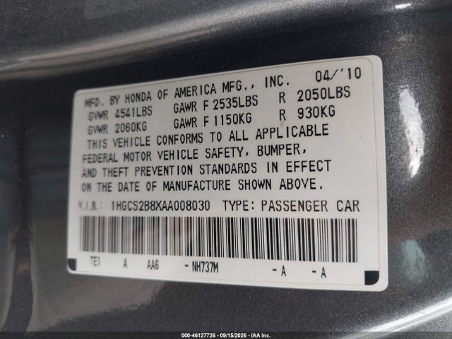 46127726 :رقم المزاد ، 1HGCS2B8XAA008030 vin ، 2010 Honda Accord 3.5 Ex-l مزاد بيع