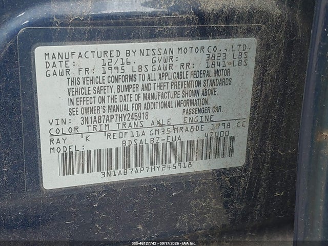 46127742 :رقم المزاد ، 3N1AB7AP7HY245918 vin ، 2017 Nissan Sentra S مزاد بيع