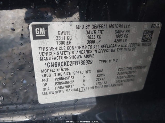 Aukcja sprzedaży 2015 Chevrolet Tahoe Ltz, vin: 1GNSKCKC2FR736929, numer aukcji: 46127743