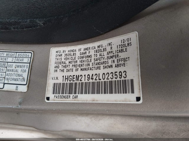 Aukcja sprzedaży 2002 Honda Civic Ex, vin: 1HGEM21942L023593, numer aukcji: 46127764