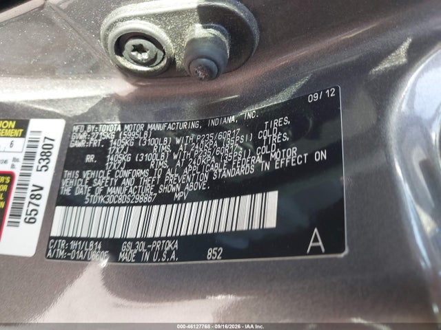 Продажа на аукционе авто 2013 Toyota Sienna Xle V6 8 Passenger, vin: 5TDYK3DC8DS298867, номер лота: 46127768