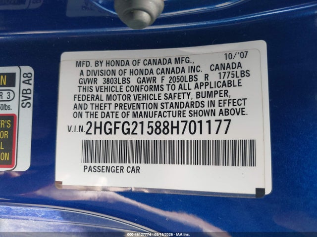 Продаж на аукціоні авто 2008 Honda Civic Si, vin: 2HGFG21588H701177, номер лоту: 46127774
