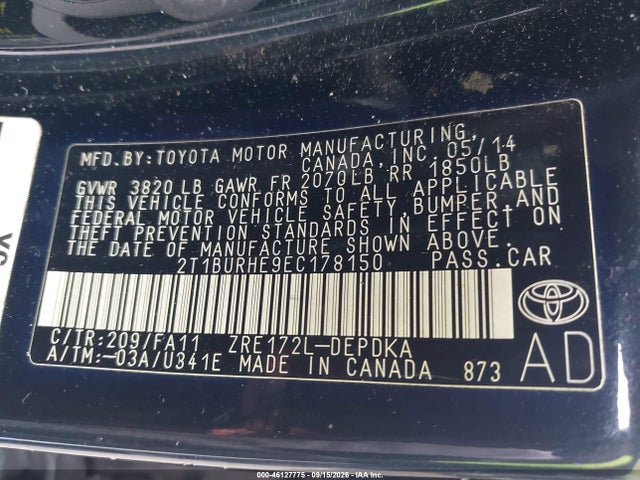 46127775 :رقم المزاد ، 2T1BURHE9EC178150 vin ، 2014 Toyota Corolla L مزاد بيع