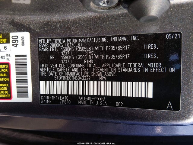 2021 Toyota Sienna Xle მანქანა იყიდება აუქციონზე, vin: 5TDYRKEC1MS043322, აუქციონის ნომერი: 46127812