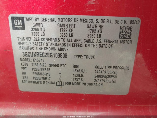 46127813 :رقم المزاد ، 3GCUKREC2EG109808 vin ، 2014 Chevrolet Silverado 1500 1lt مزاد بيع