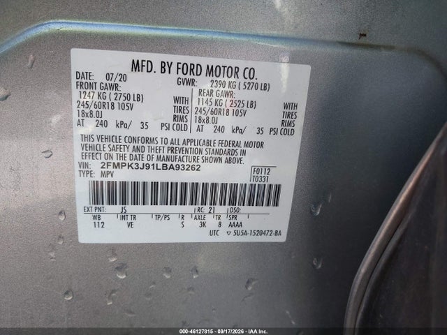 Auction sale of the 2020 Ford Edge Sel, vin: 2FMPK3J91LBA93262, lot number: 46127815