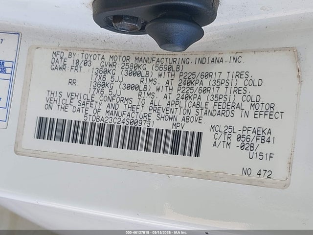 Aukcja sprzedaży 2004 Toyota Sienna Le, vin: 5TDBA23C24S009731, numer aukcji: 46127819