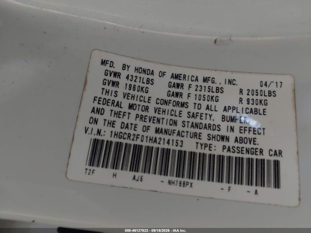 Продаж на аукціоні авто 2017 Honda Accord Ex, vin: 1HGCR2F01HA214153, номер лоту: 46127822