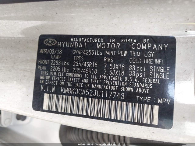 Продаж на аукціоні авто 2018 Hyundai Kona Limited, vin: KM8K3CA52JU117743, номер лоту: 46127832