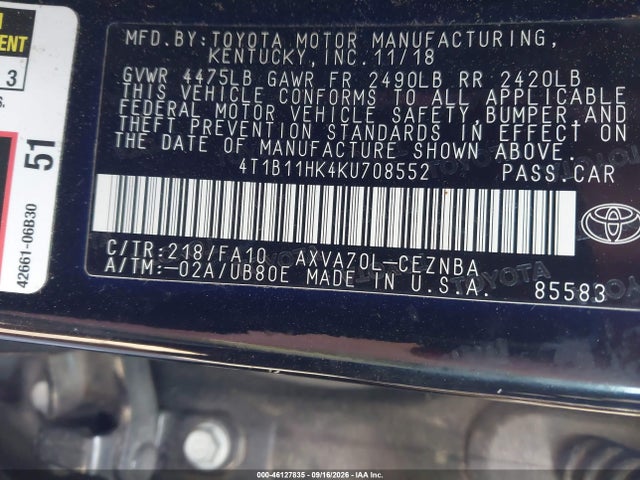 46127835 :رقم المزاد ، 4T1B11HK4KU708552 vin ، 2019 Toyota Camry Le مزاد بيع