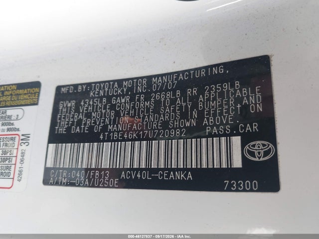 46127837 :رقم المزاد ، 4T1BE46K17U720982 vin ، 2007 Toyota Camry Le مزاد بيع