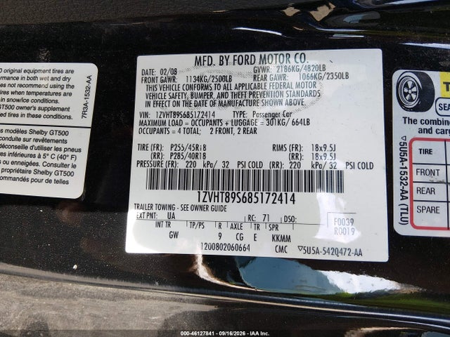 Продаж на аукціоні авто 2008 Ford Mustang, vin: 1ZVHT89S685172414, номер лоту: 46127841