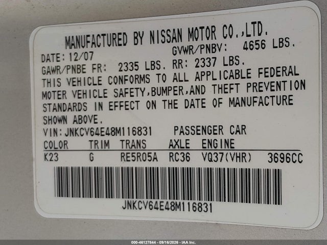 Продажа на аукционе авто 2008 Infiniti G37 Journey, vin: JNKCV64E48M116831, номер лота: 46127844