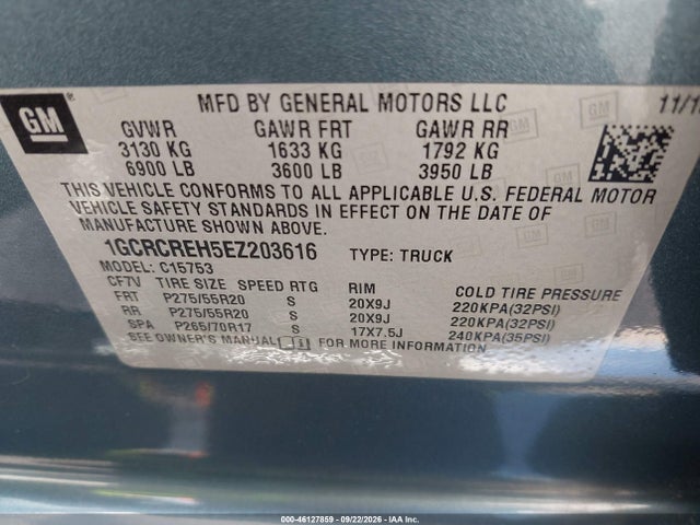46127859 :رقم المزاد ، 1GCRCREH5EZ203616 vin ، 2014 Chevrolet Silverado 1500 1lt مزاد بيع