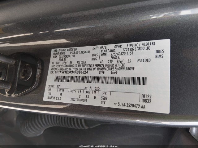 Продаж на аукціоні авто 2021 Ford F-150 Xl, vin: 1FTFW1E5XMFB94624, номер лоту: 46127861