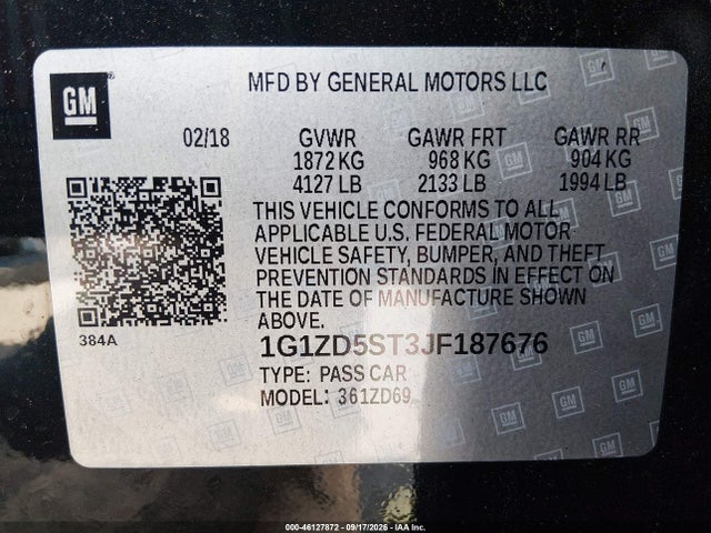 46127872 :رقم المزاد ، 1G1ZD5ST3JF187676 vin ، 2018 Chevrolet Malibu Lt مزاد بيع