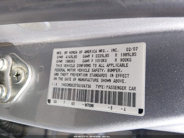 Aukcja sprzedaży 2007 Honda Accord 2.4 Se, vin: 1HGCM56377A104734, numer aukcji: 46127874