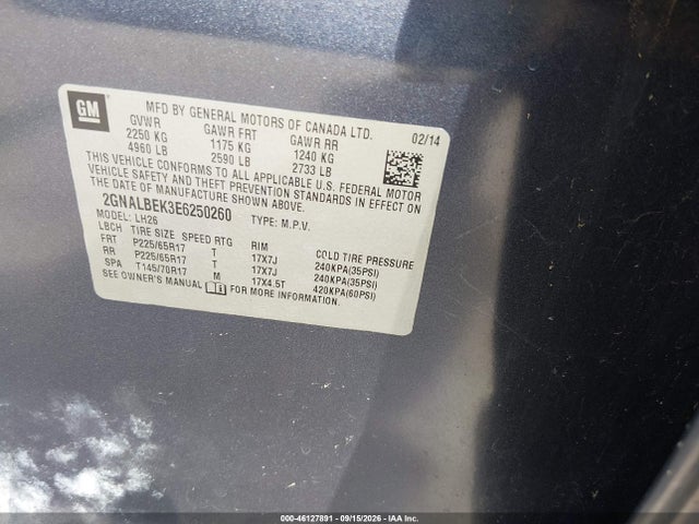 46127891 :رقم المزاد ، 2GNALBEK3E6250260 vin ، 2014 Chevrolet Equinox 1lt مزاد بيع