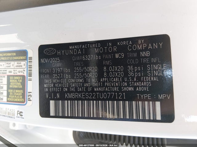 46127899 :رقم المزاد ، KM8RKES22TU077121 vin ، 2026 Hyundai Palisade Limited مزاد بيع