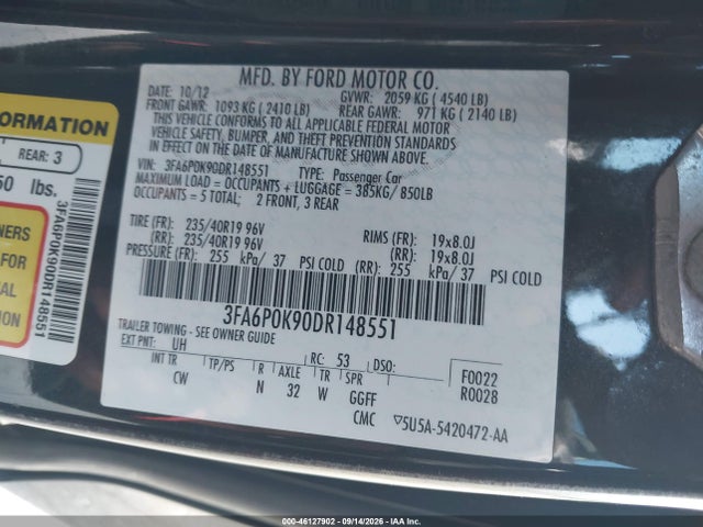 46127902 :رقم المزاد ، 3FA6P0K90DR148551 vin ، 2013 Ford Fusion Titanium مزاد بيع