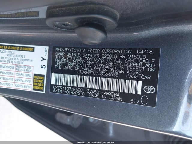 JTDKBRFU7J3064635 Toyota Prius Two