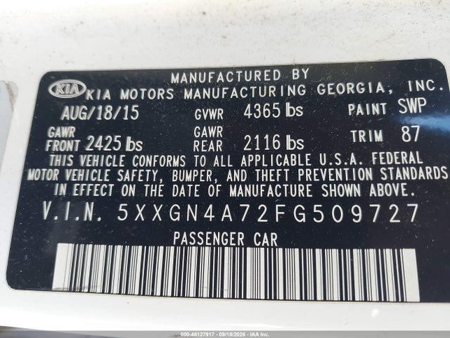 2015 Kia Optima Ex მანქანა იყიდება აუქციონზე, vin: 5XXGN4A72FG509727, აუქციონის ნომერი: 46127917