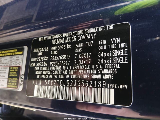 46127933 :رقم المزاد ، 5XYZTDLB2JG562139 vin ، 2018 Hyundai Santa Fe Sport 2.4l مزاد بيع