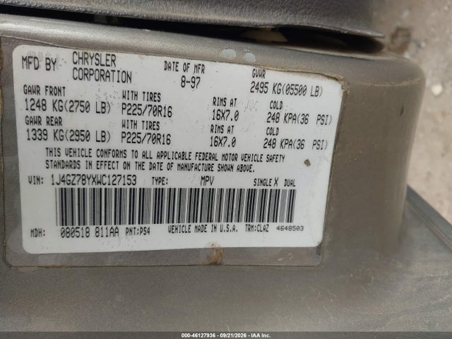 46127936 :رقم المزاد ، 1J4GZ78YXWC127153 vin ، 1998 Jeep Grand Cherokee Limited مزاد بيع