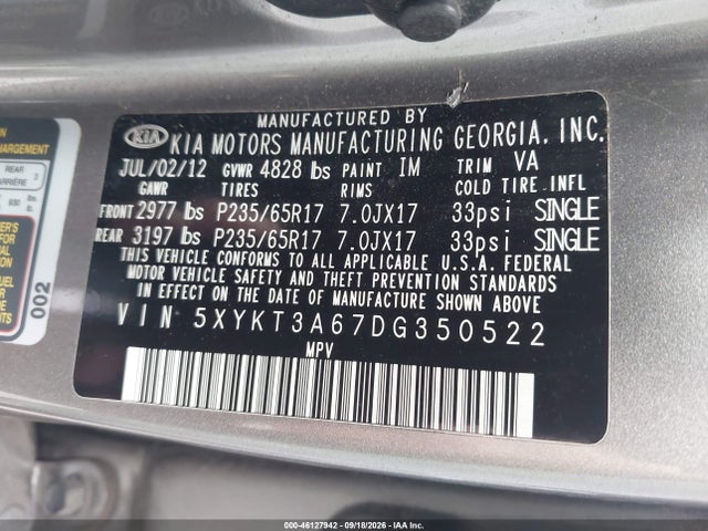 Aukcja sprzedaży 2013 Kia Sorento Lx, vin: 5XYKT3A67DG350522, numer aukcji: 46127942