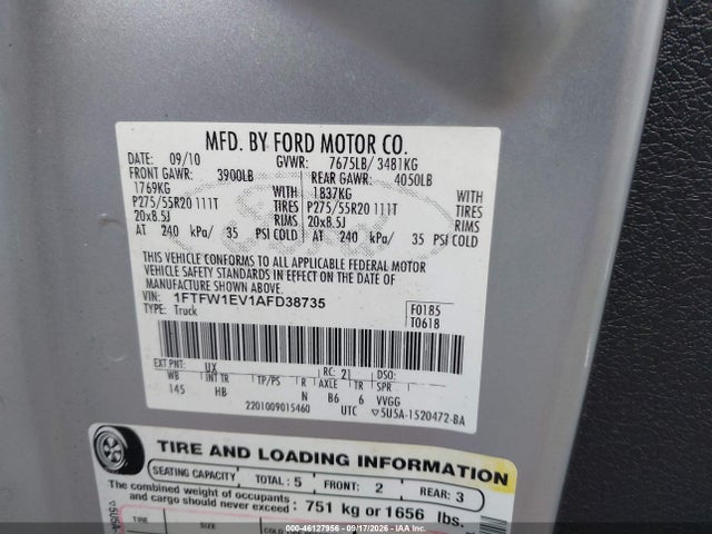 Продаж на аукціоні авто 2010 Ford F-150 Fx4/harley-davidson/king Ranch/lariat/platinum/xl/xlt, vin: 1FTFW1EV1AFD38735, номер лоту: 46127956