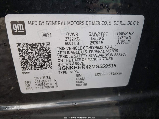 46127972 :رقم المزاد ، 3GNKBHR42MS559515 vin ، 2021 Chevrolet Blazer Awd 2lt مزاد بيع