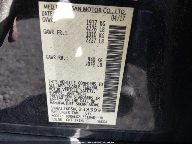 2017 Nissan Altima 2.5 S მანქანა იყიდება აუქციონზე, vin: 1N4AL3AP5HC238399, აუქციონის ნომერი: 46127974