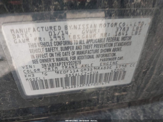 2014 Nissan Sentra S მანქანა იყიდება აუქციონზე, vin: 3N1AB7AP7EY207679, აუქციონის ნომერი: 46127983