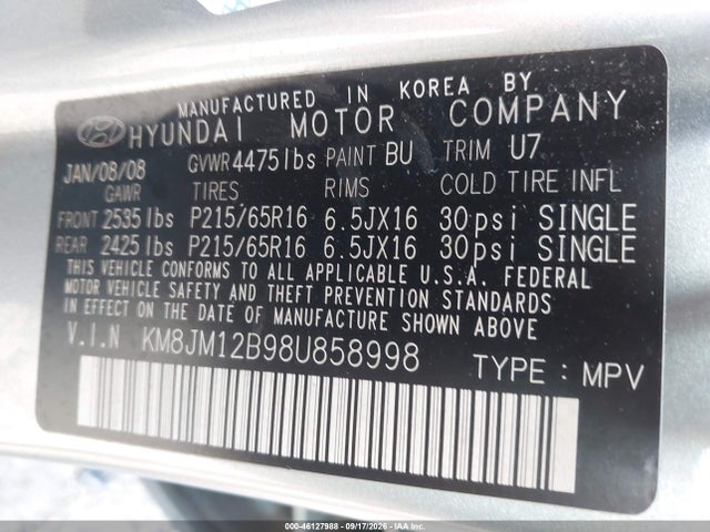 Aukcja sprzedaży 2008 Hyundai Tucson Gls, vin: KM8JM12B98U858998, numer aukcji: 46127988