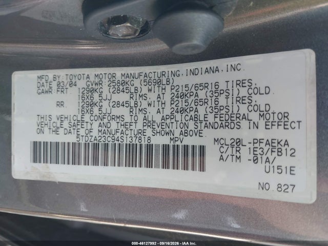Auction sale of the 2004 Toyota Sienna Le, vin: 5TDZA23C94S137818, lot number: 46127992