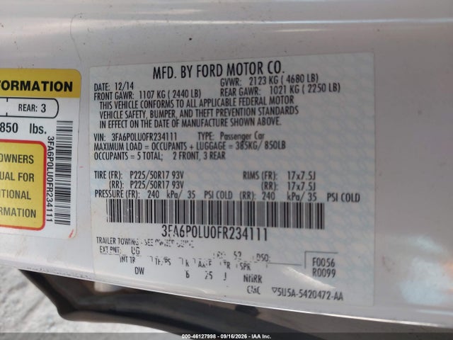 3FA6P0LU0FR234111 Ford Fusion Hybrid Se