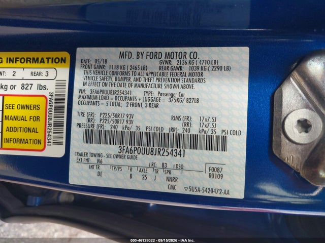 2018 Ford Fusion Hybrid S მანქანა იყიდება აუქციონზე, vin: 3FA6P0UU8JR254341, აუქციონის ნომერი: 46128022