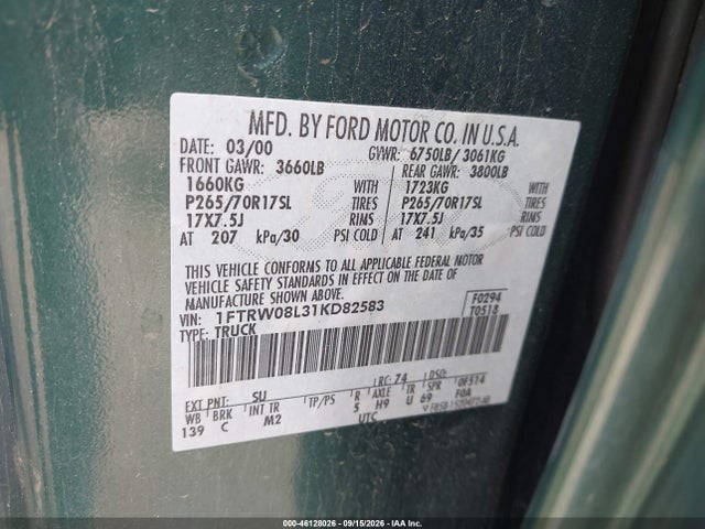 46128026 :رقم المزاد ، 1FTRW08L31KD82583 vin ، 2001 Ford F-150 King Ranch Edition/lariat/xlt مزاد بيع