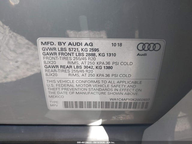 46128033 :رقم المزاد ، WA1C4AFY0K2002837 vin ، 2019 Audi Sq5 3.0t Premium مزاد بيع