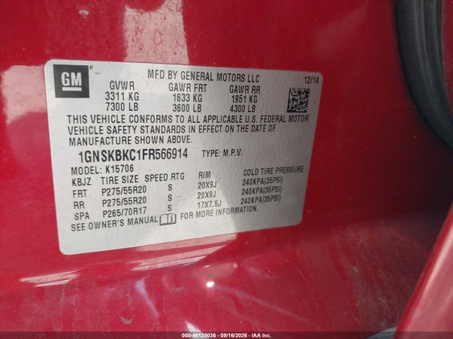 46128036 :رقم المزاد ، 1GNSKBKC1FR566914 vin ، 2015 Chevrolet Tahoe Lt مزاد بيع
