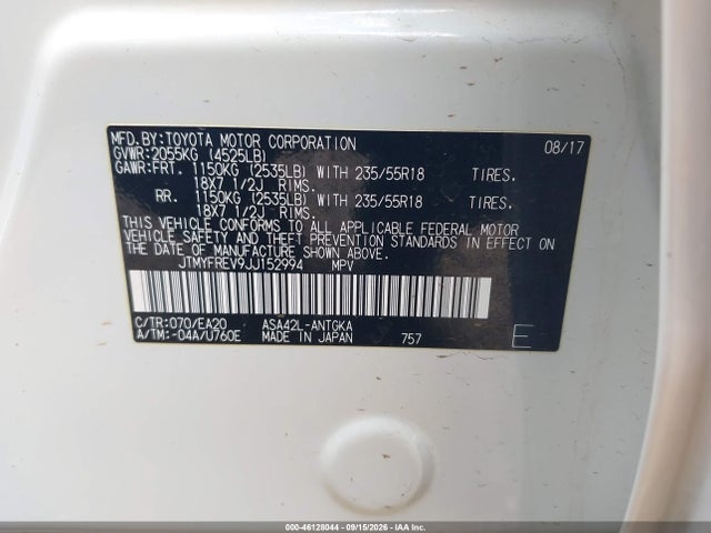 Aukcja sprzedaży 2018 Toyota Rav4 Limited/platinum, vin: JTMYFREV9JJ152994, numer aukcji: 46128044
