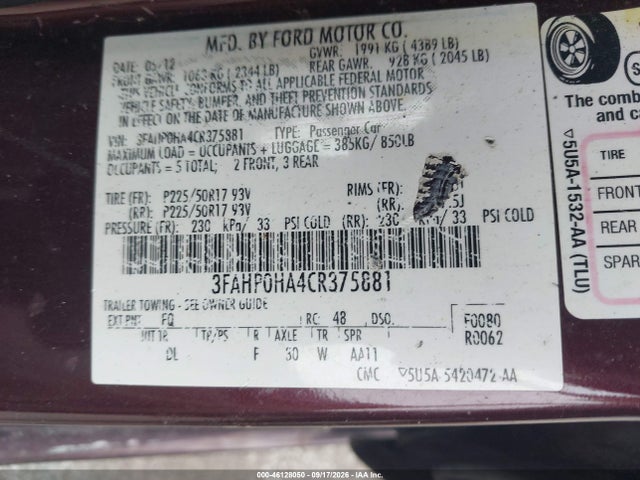 2012 Ford Fusion Se მანქანა იყიდება აუქციონზე, vin: 3FAHP0HA4CR375881, აუქციონის ნომერი: 46128050