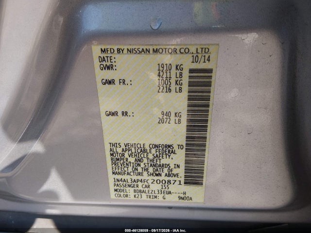 Продажа на аукционе авто 2015 Nissan Altima 2.5 S, vin: 1N4AL3AP4FC200871, номер лота: 46128059