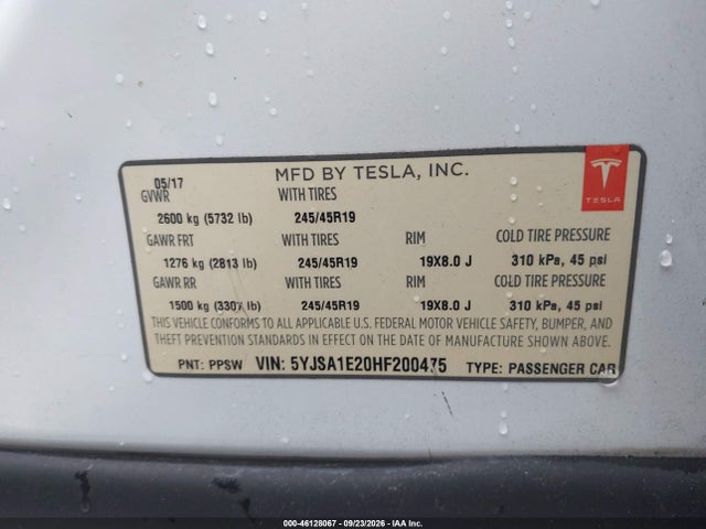Aukcja sprzedaży 2017 Tesla Model S 100d/60d/75d/90d/p100d, vin: 5YJSA1E20HF200475, numer aukcji: 46128067