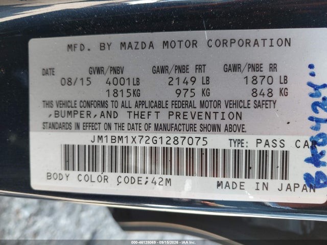 Aukcja sprzedaży 2016 Mazda Mazda3 I Grand Touring, vin: JM1BM1X72G1287075, numer aukcji: 46128069