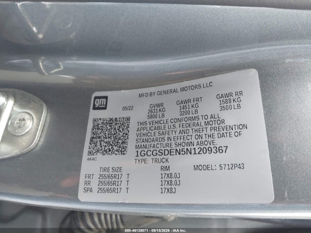 46128071 :رقم المزاد ، 1GCGSDEN5N1209367 vin ، 2022 Chevrolet Colorado 2wd  Short Box Z71 مزاد بيع