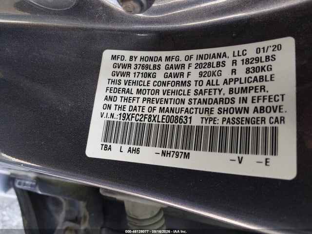 Aukcja sprzedaży 2020 Honda Civic Sport, vin: 19XFC2F8XLE008631, numer aukcji: 46128077