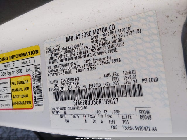 46128086 :رقم المزاد ، 3FA6P0HD3GR189627 vin ، 2016 Ford Fusion Se مزاد بيع