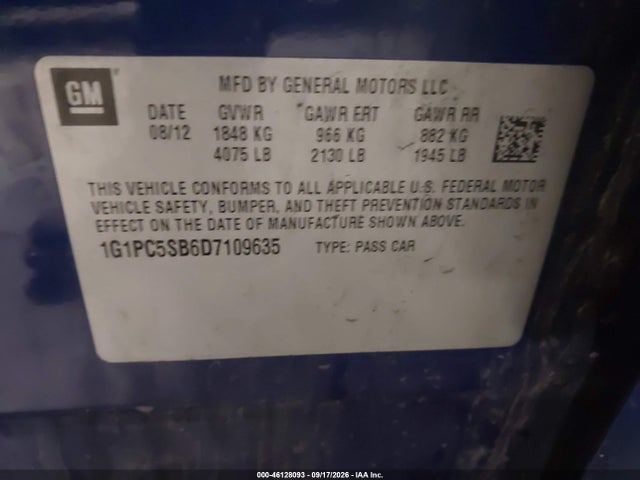46128093 :رقم المزاد ، 1G1PC5SB6D7109635 vin ، 2013 Chevrolet Cruze 1lt Auto مزاد بيع