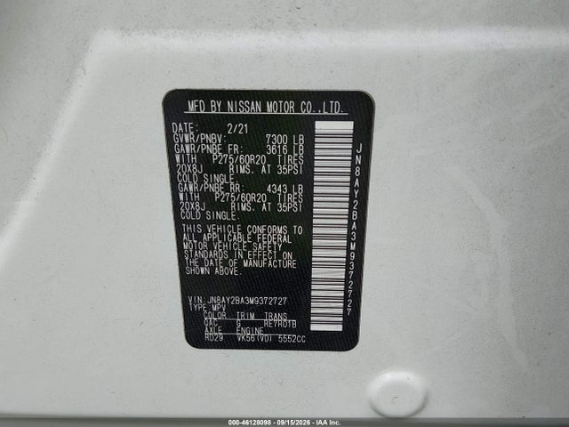 Aukcja sprzedaży 2021 Nissan Armada Sl 2wd, vin: JN8AY2BA3M9372727, numer aukcji: 46128098